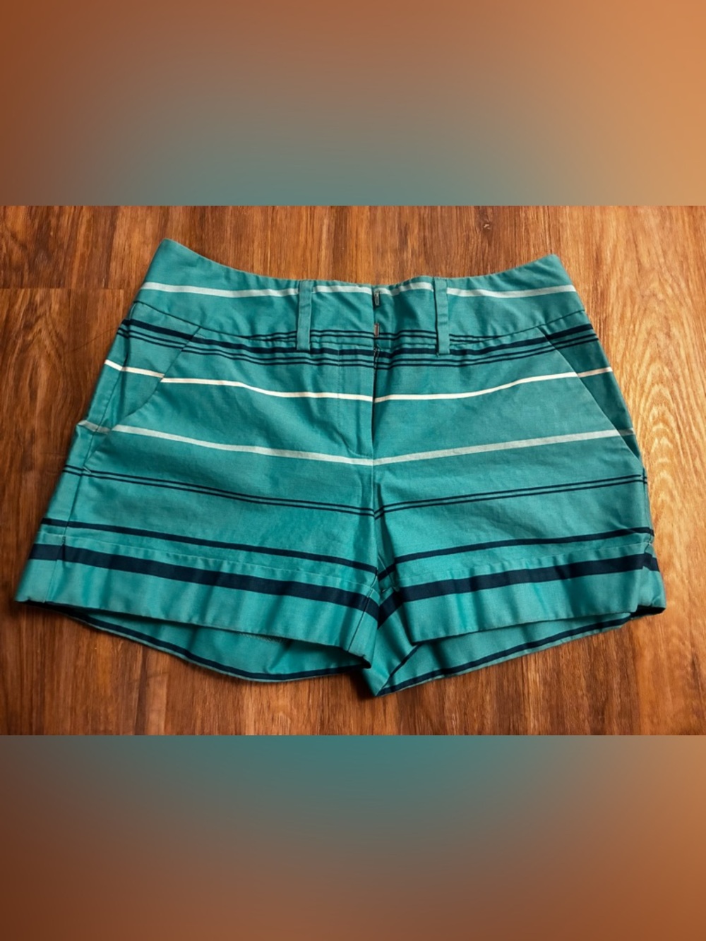 New York & Company Teal Striped High-Waist Shorts